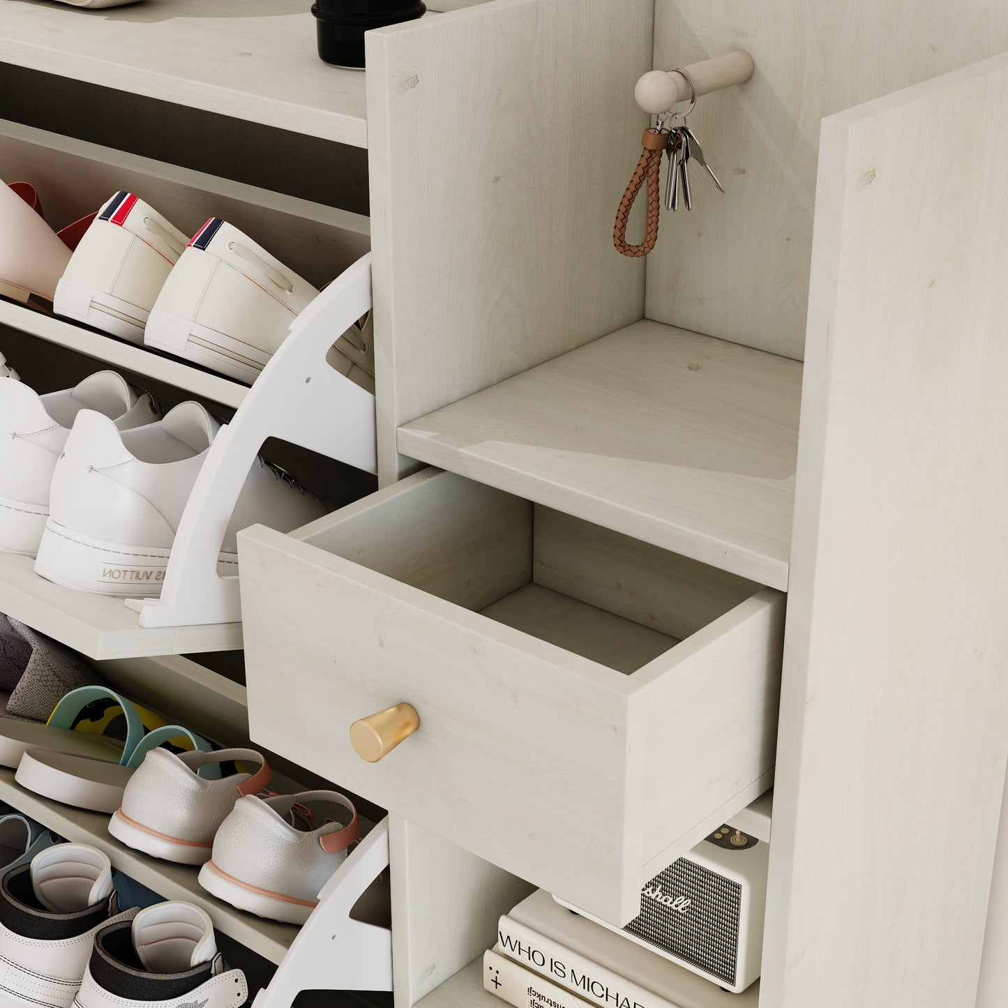 Natural Boho Rattan Shoe Cabinet – 3 Flip Drawers, Open Shelves & Storage Drawer