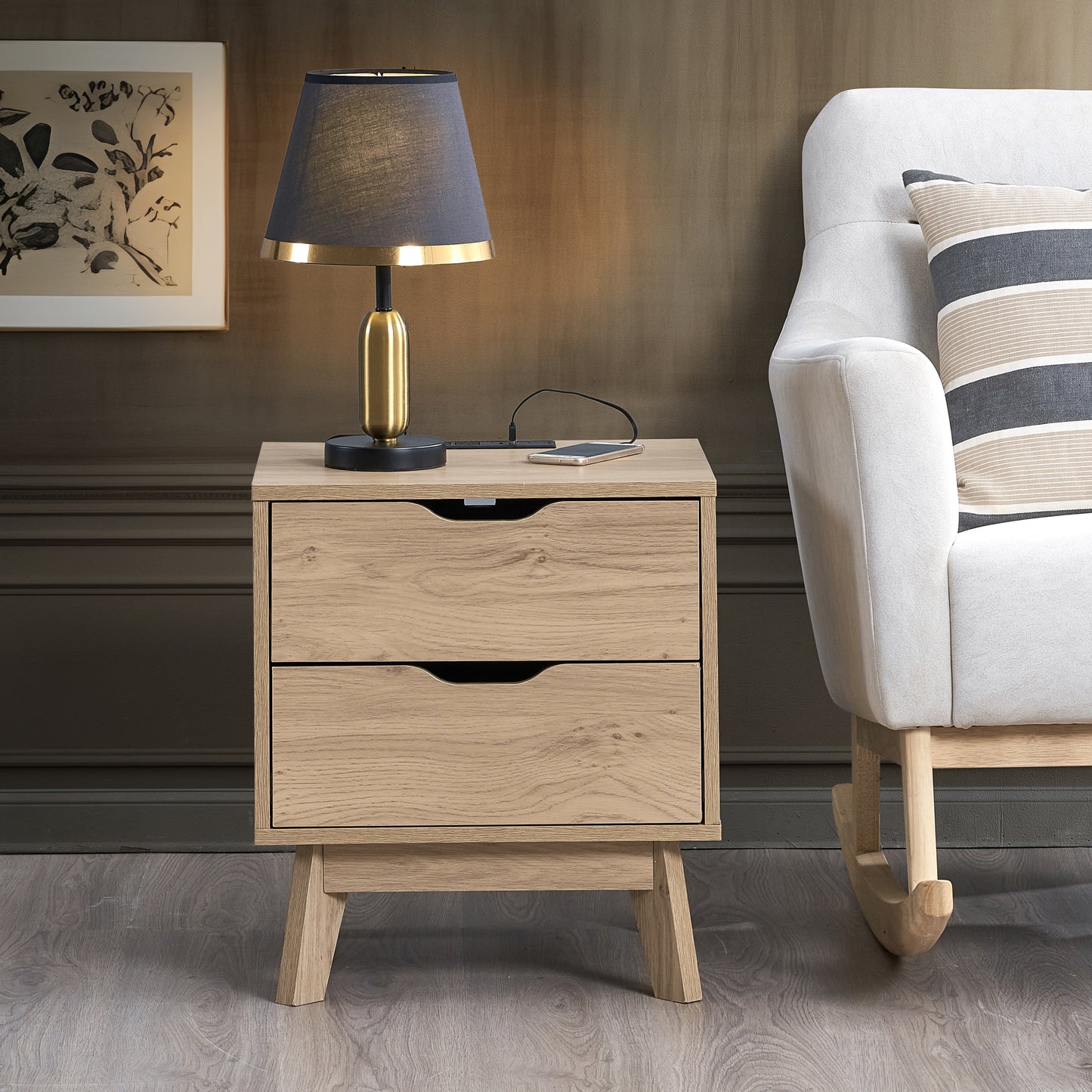Nordica Oak Nightstand with USB & Type-C Charging – 2-Drawer Bedside Table