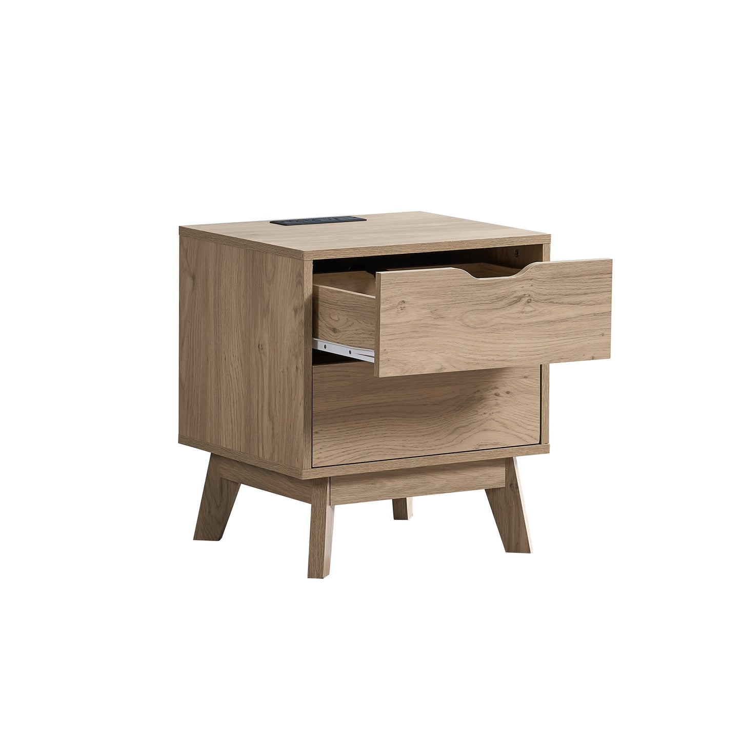 Nordica Oak Nightstand with USB & Type-C Charging – 2-Drawer Bedside Table