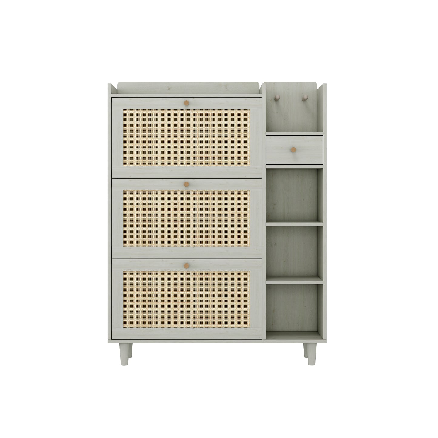 Natural Boho Rattan Shoe Cabinet – 3 Flip Drawers, Open Shelves & Storage Drawer