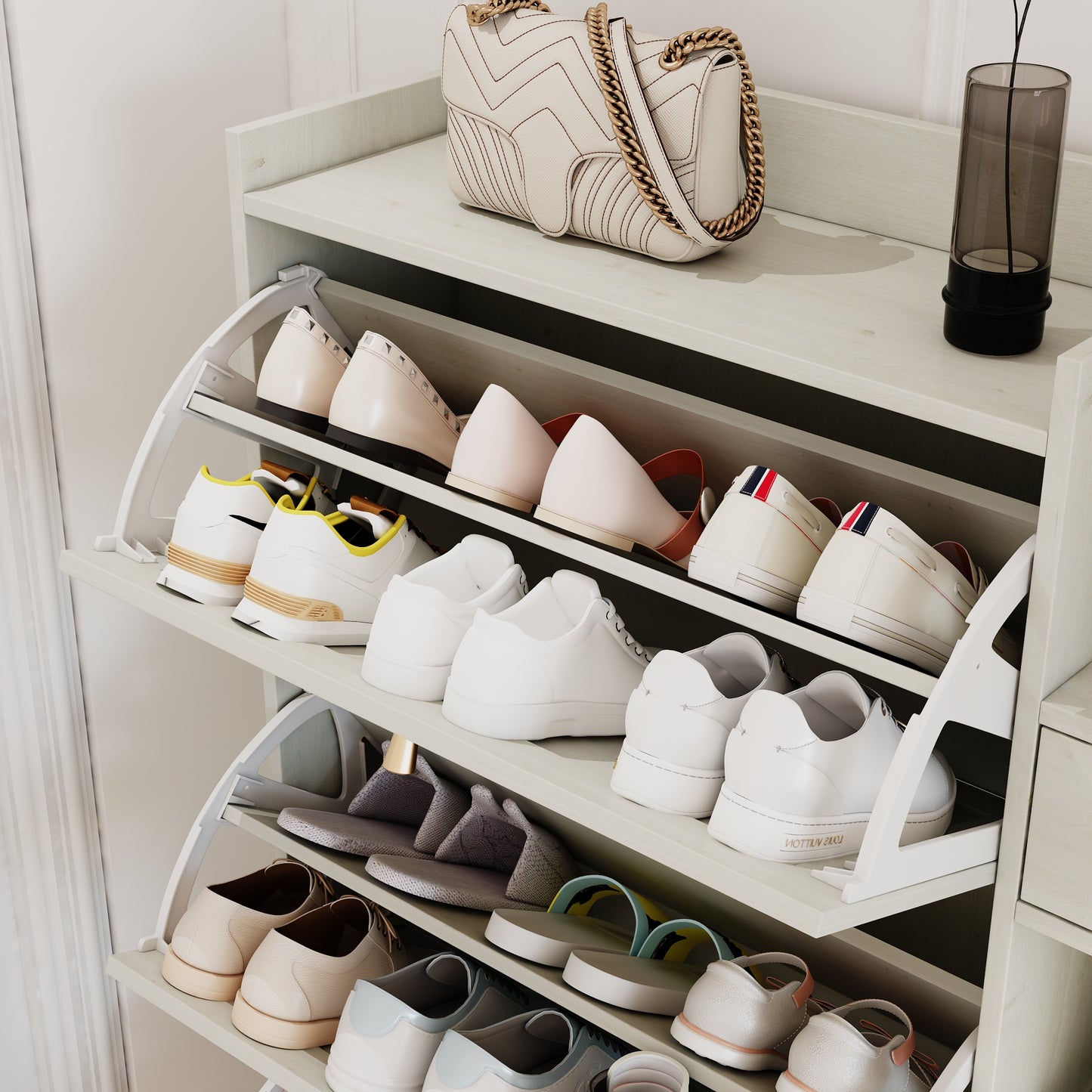 Natural Boho Rattan Shoe Cabinet – 3 Flip Drawers, Open Shelves & Storage Drawer
