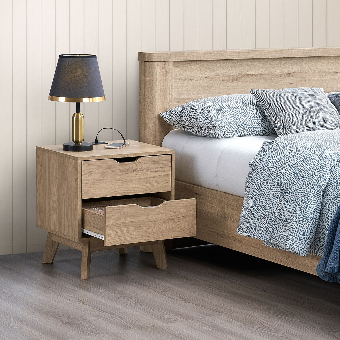 Nordica Oak Nightstand with USB & Type-C Charging – 2-Drawer Bedside Table