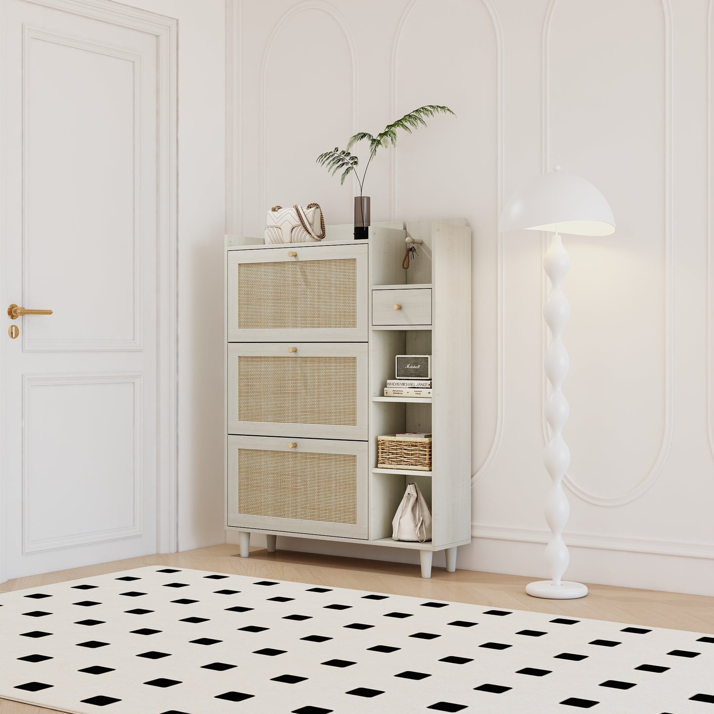 Natural Boho Rattan Shoe Cabinet – 3 Flip Drawers, Open Shelves & Storage Drawer