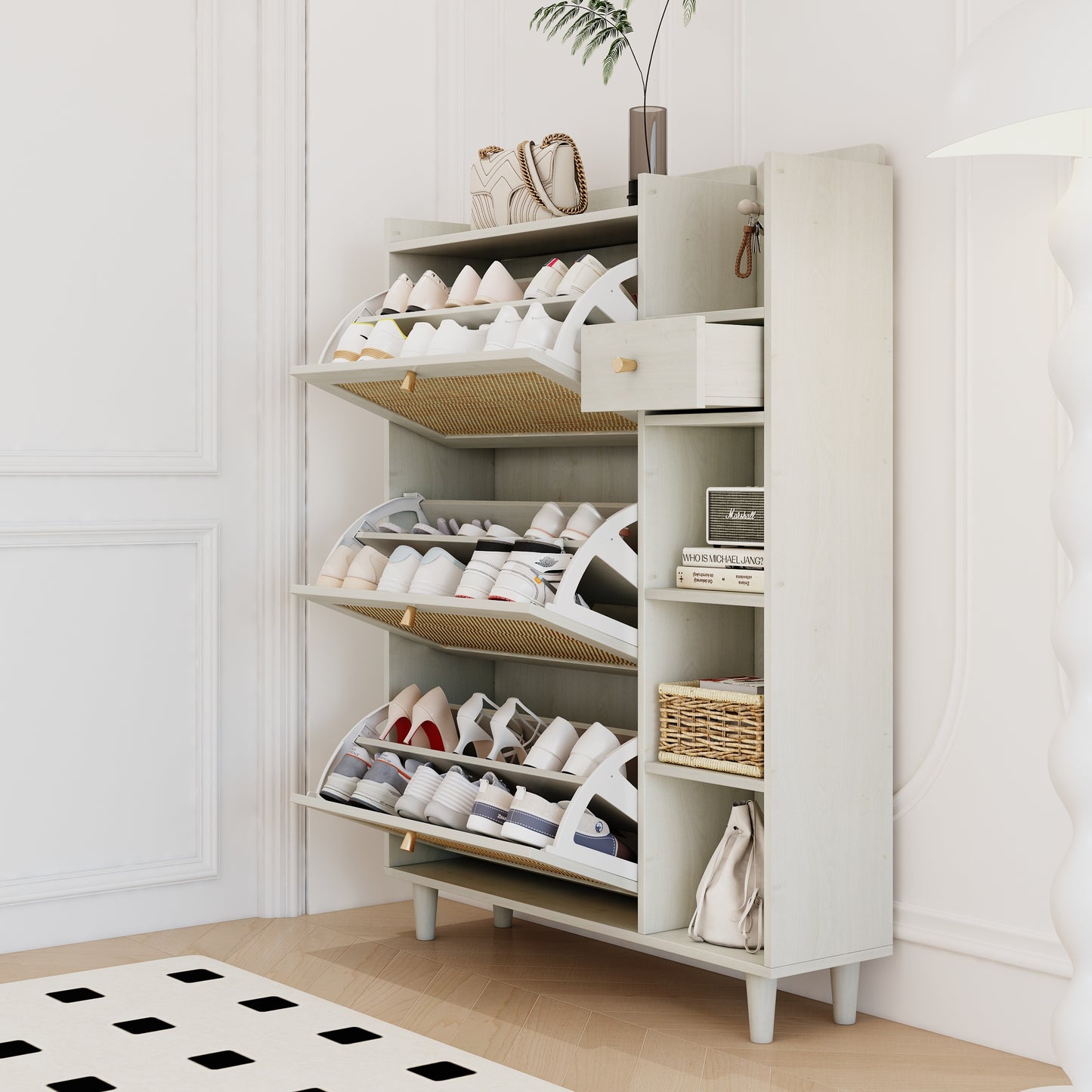 Natural Boho Rattan Shoe Cabinet – 3 Flip Drawers, Open Shelves & Storage Drawer