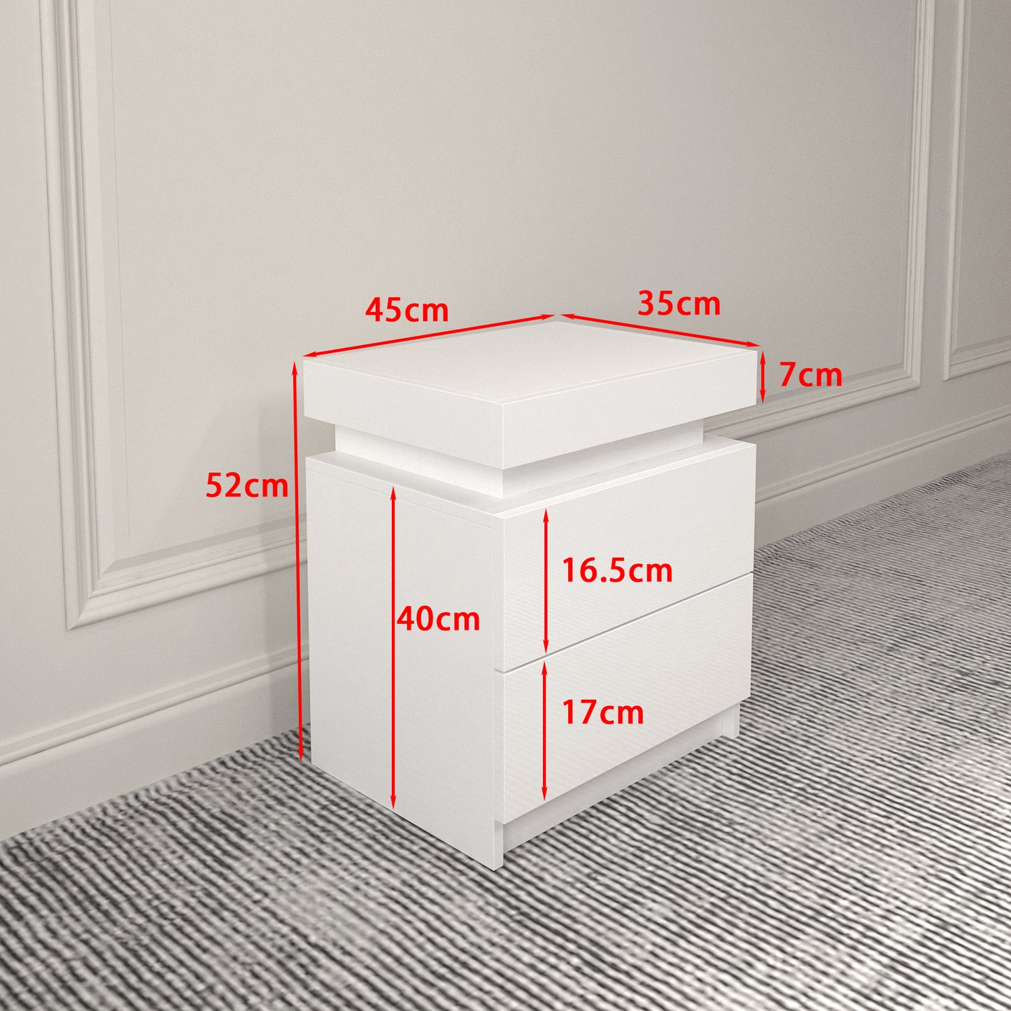 Modern White Nightstand with LED Lights & 2 Storage Drawers