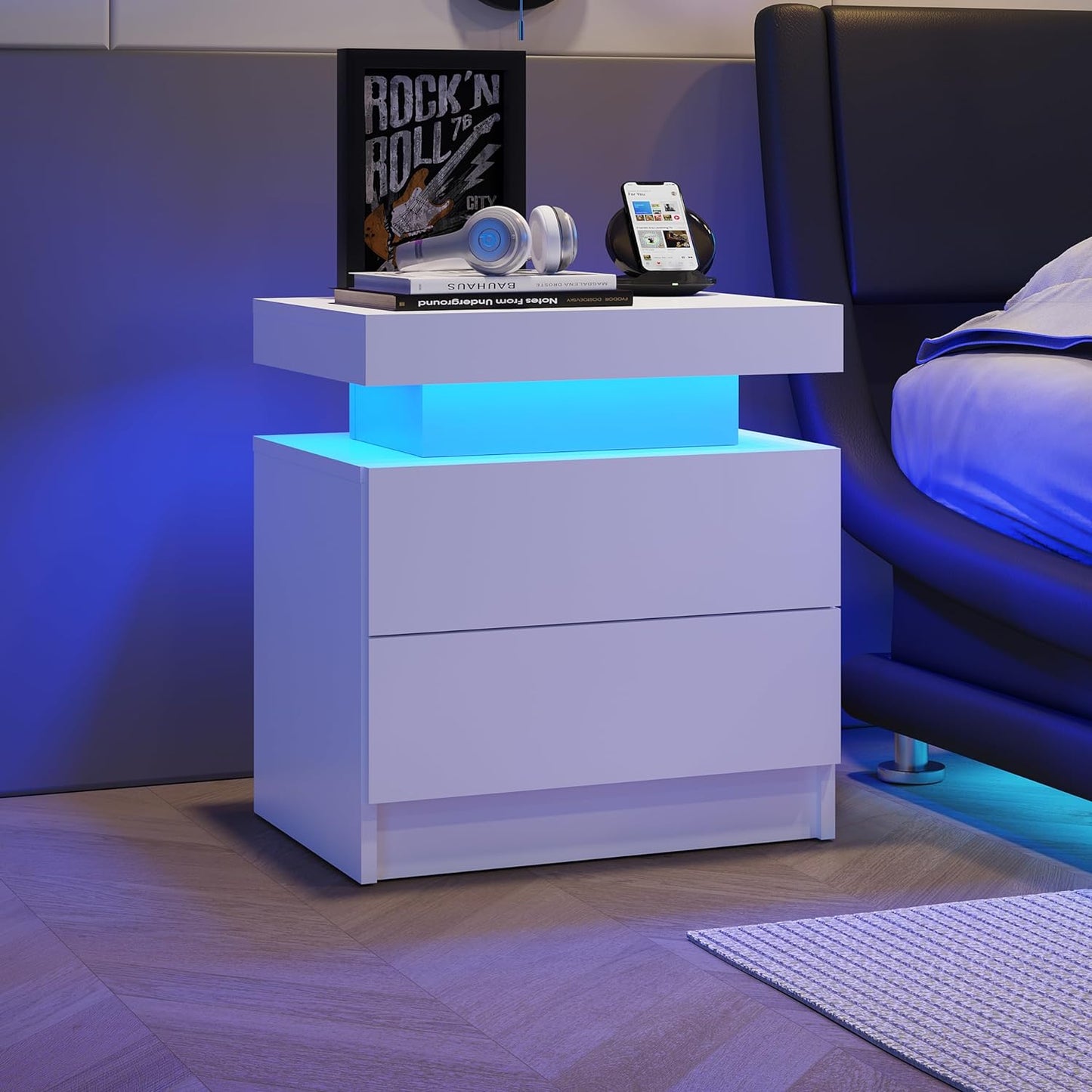 Modern White Nightstand with LED Lights & 2 Storage Drawers