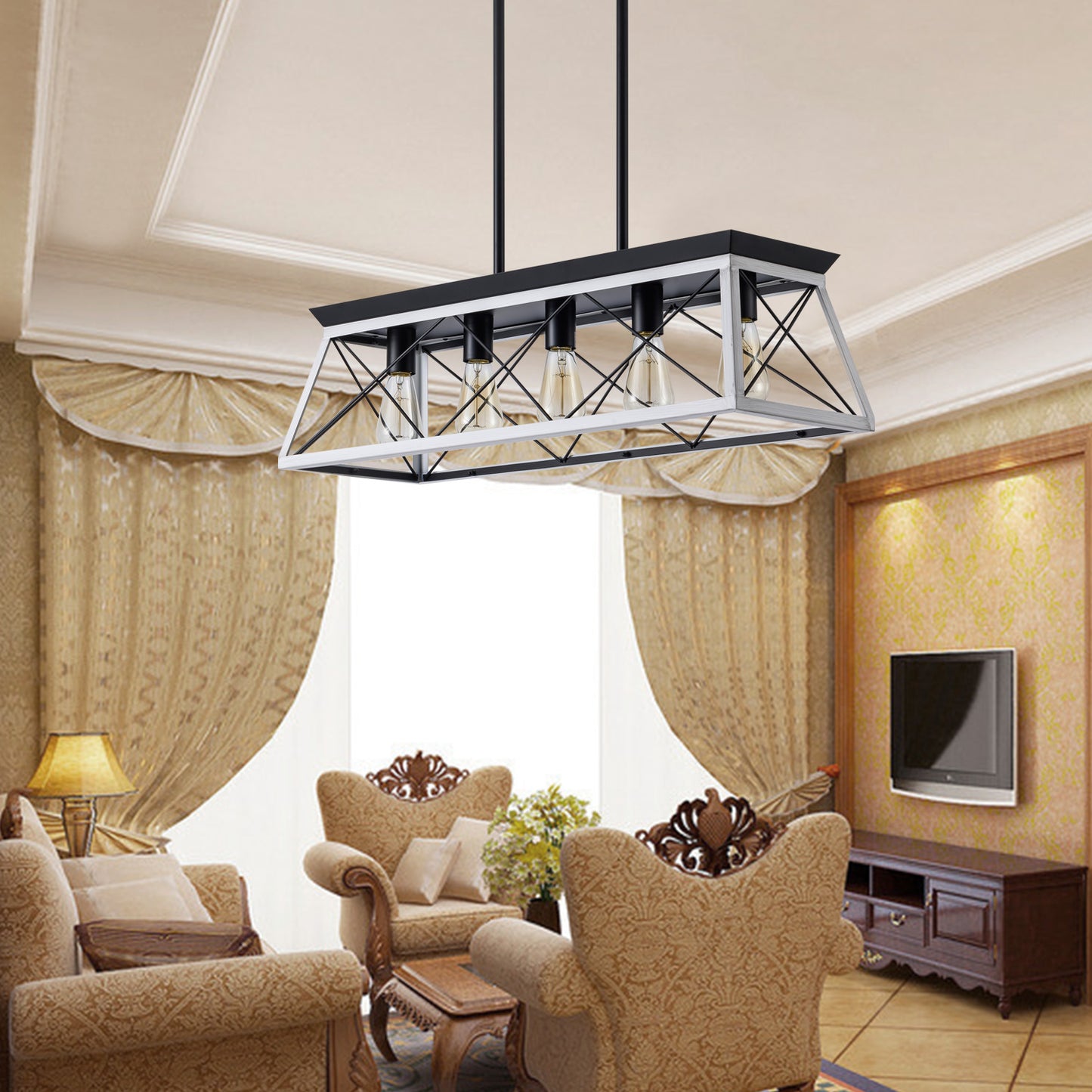 5-Light Farmhouse Chandelier – White Rustic Pendant Light for Dining Room & Kitchen