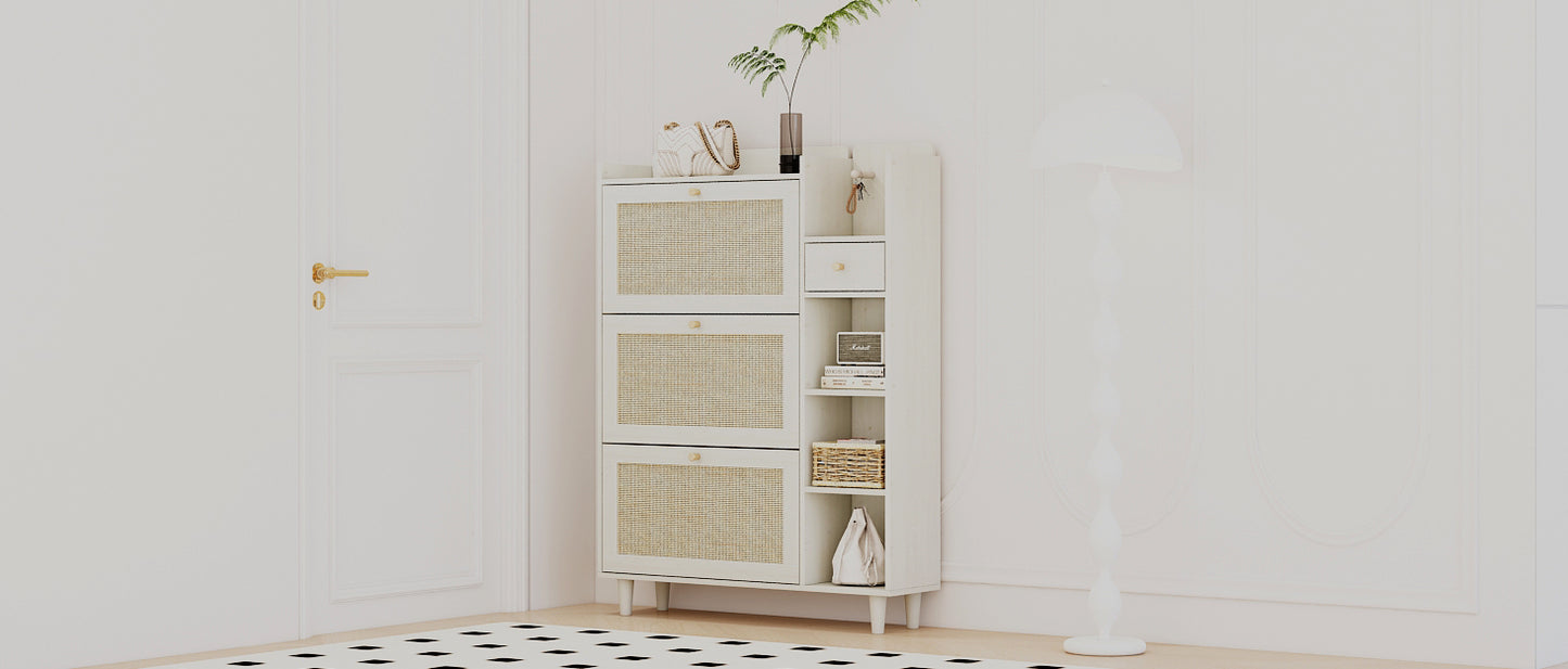 Natural Boho Rattan Shoe Cabinet – 3 Flip Drawers, Open Shelves & Storage Drawer