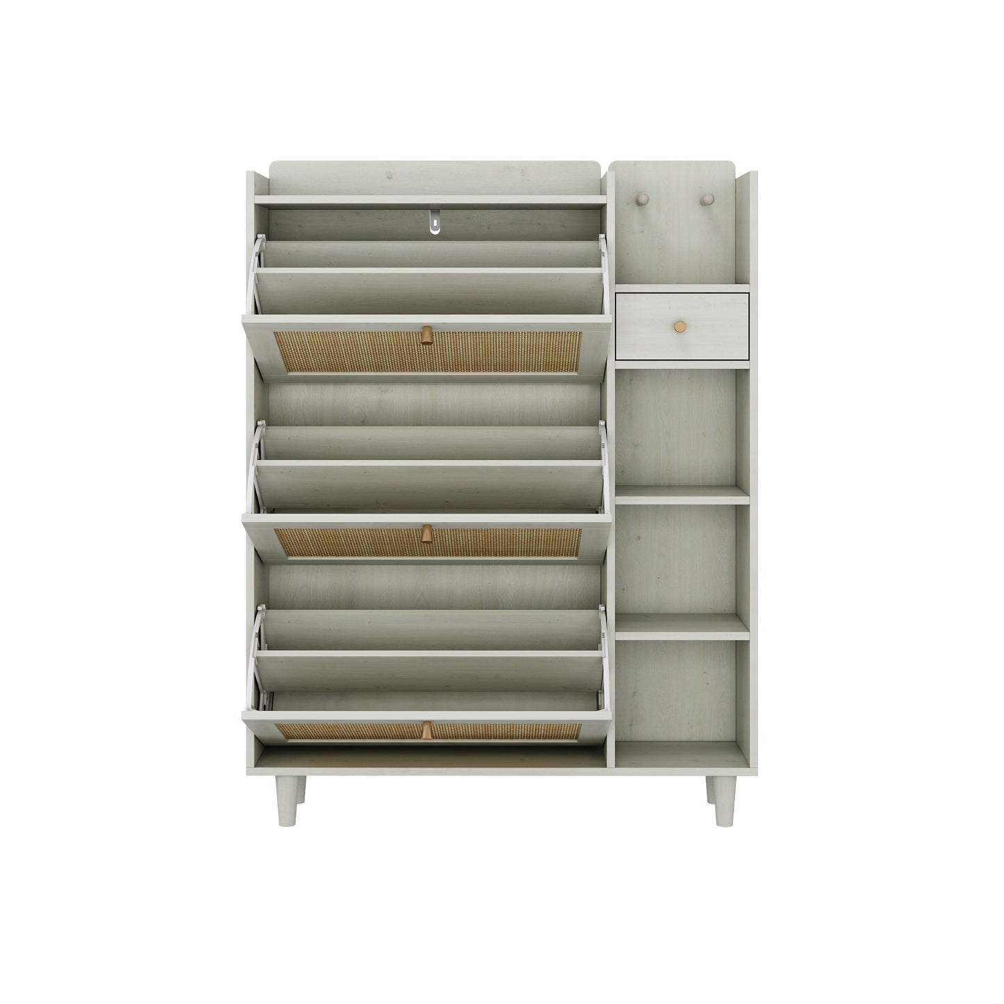 Natural Boho Rattan Shoe Cabinet – 3 Flip Drawers, Open Shelves & Storage Drawer