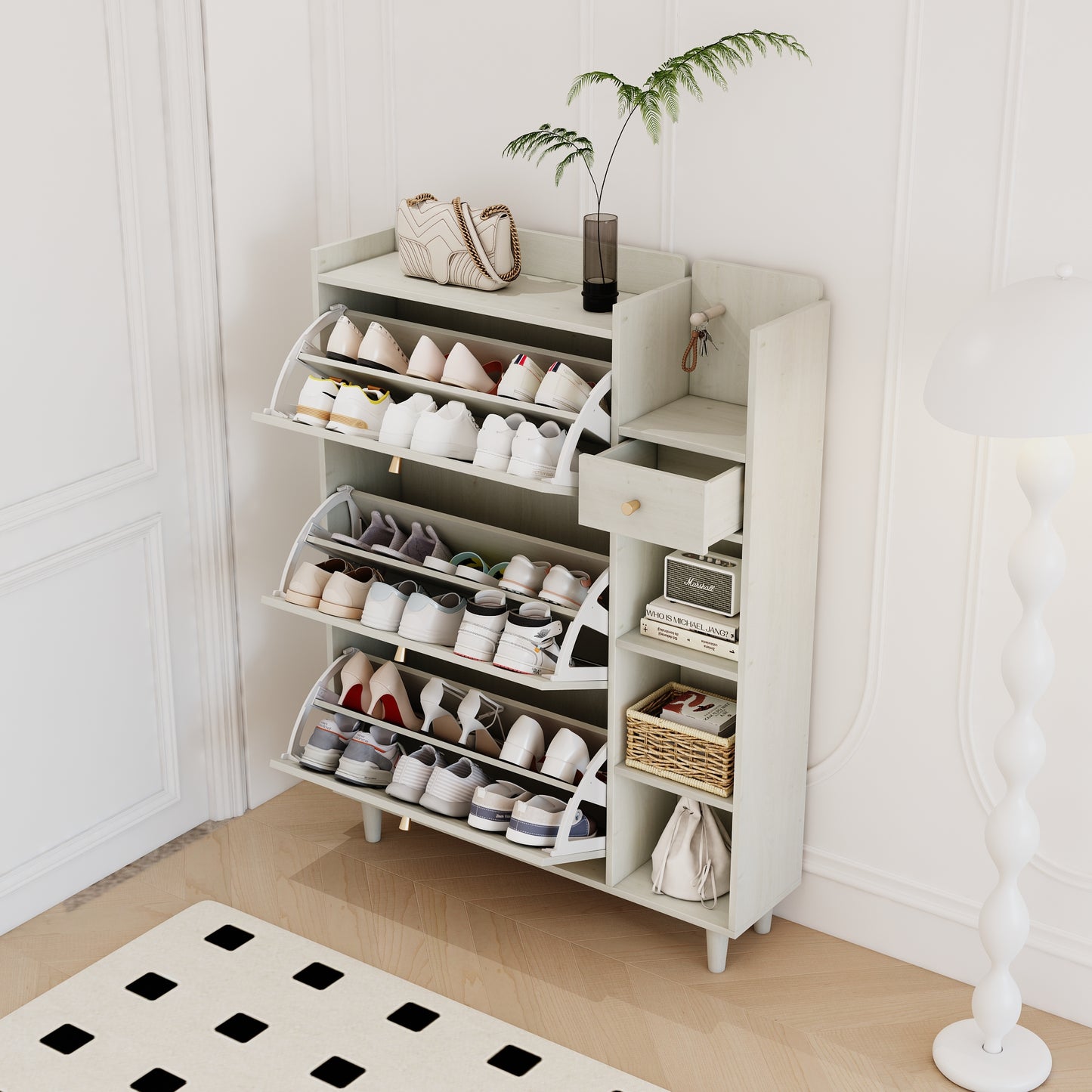 Natural Boho Rattan Shoe Cabinet – 3 Flip Drawers, Open Shelves & Storage Drawer