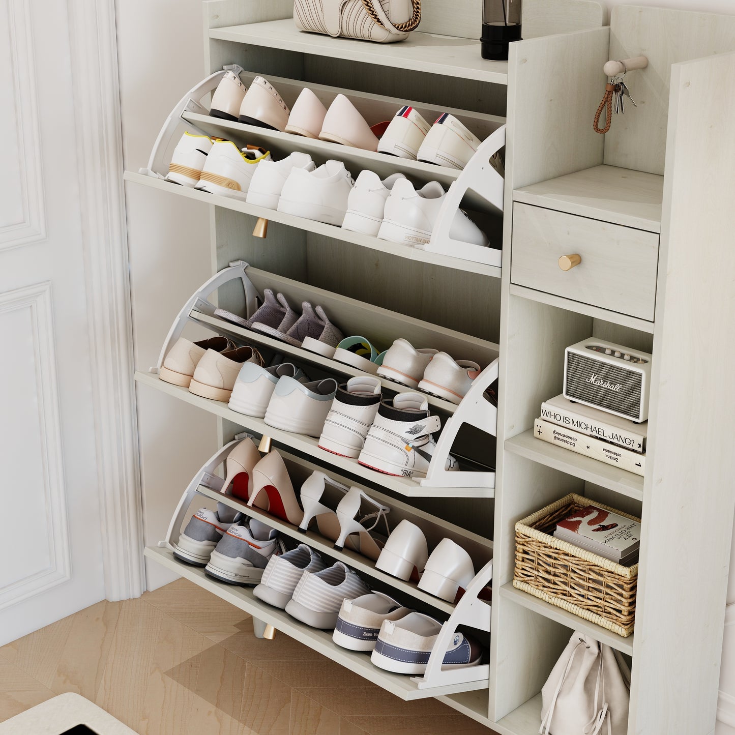 Natural Boho Rattan Shoe Cabinet – 3 Flip Drawers, Open Shelves & Storage Drawer