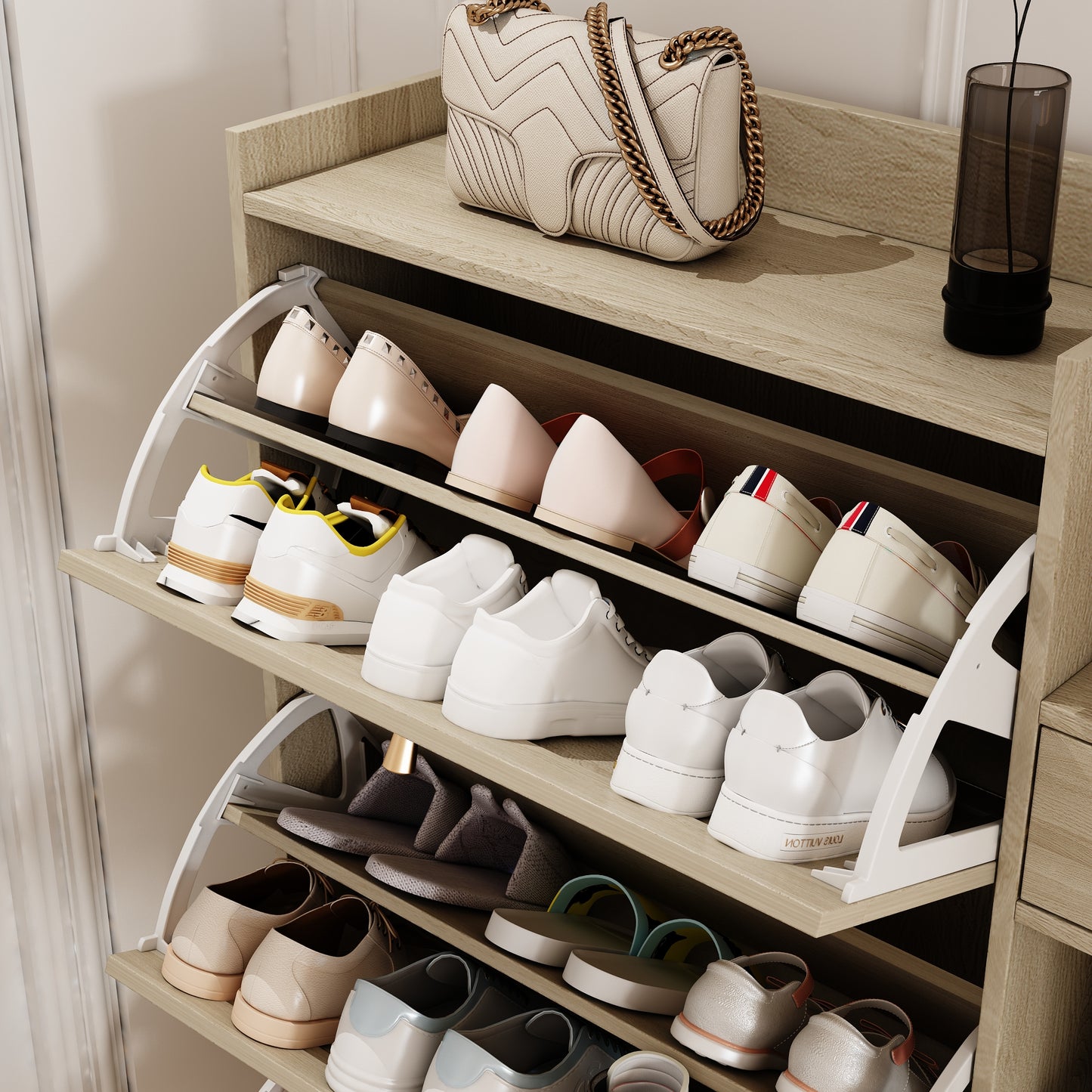 Natural Bohemian Rattan Shoe Cabinet – 3 Flip Drawers, Shelves & Storage Drawer