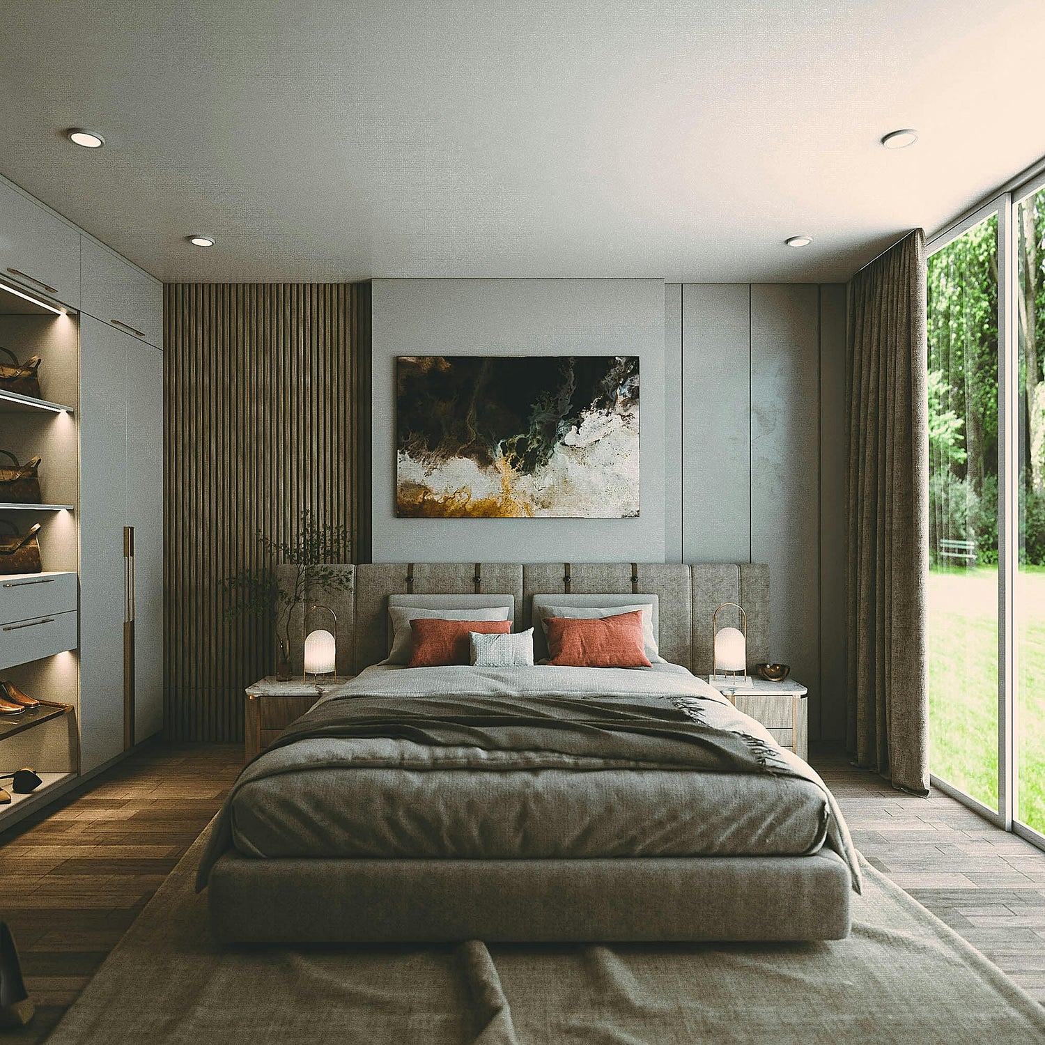 Cozy and stylish bedroom decor featuring elegant bedding, soft lighting, and chic accents.