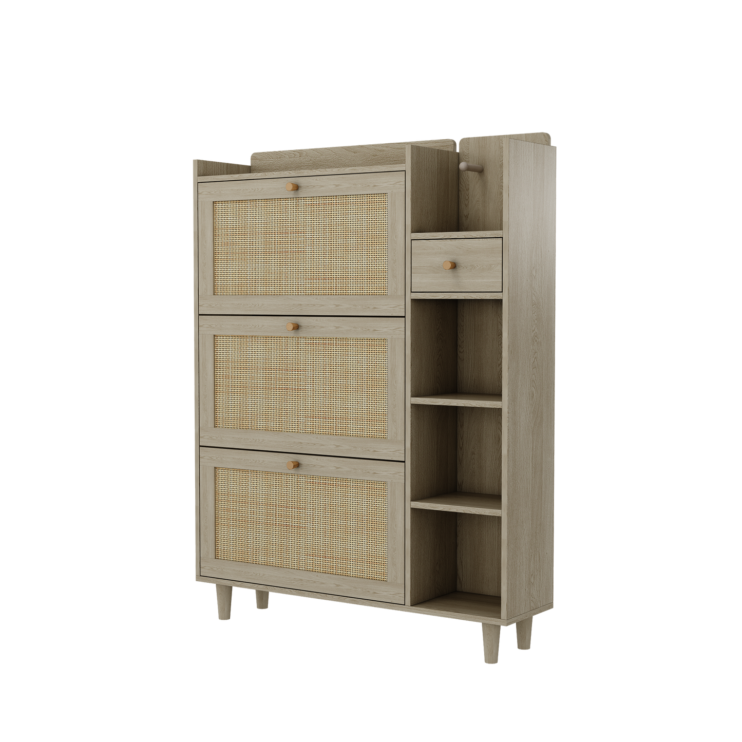 Natural Bohemian Rattan Shoe Cabinet – 3 Flip Drawers, Shelves & Storage Drawer
