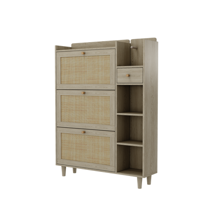Natural Bohemian Rattan Shoe Cabinet – 3 Flip Drawers, Shelves & Storage Drawer
