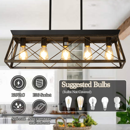 5-Light Farmhouse Chandelier – Rustic Black & Gold Pendant Light for Kitchen Island & Dining Room