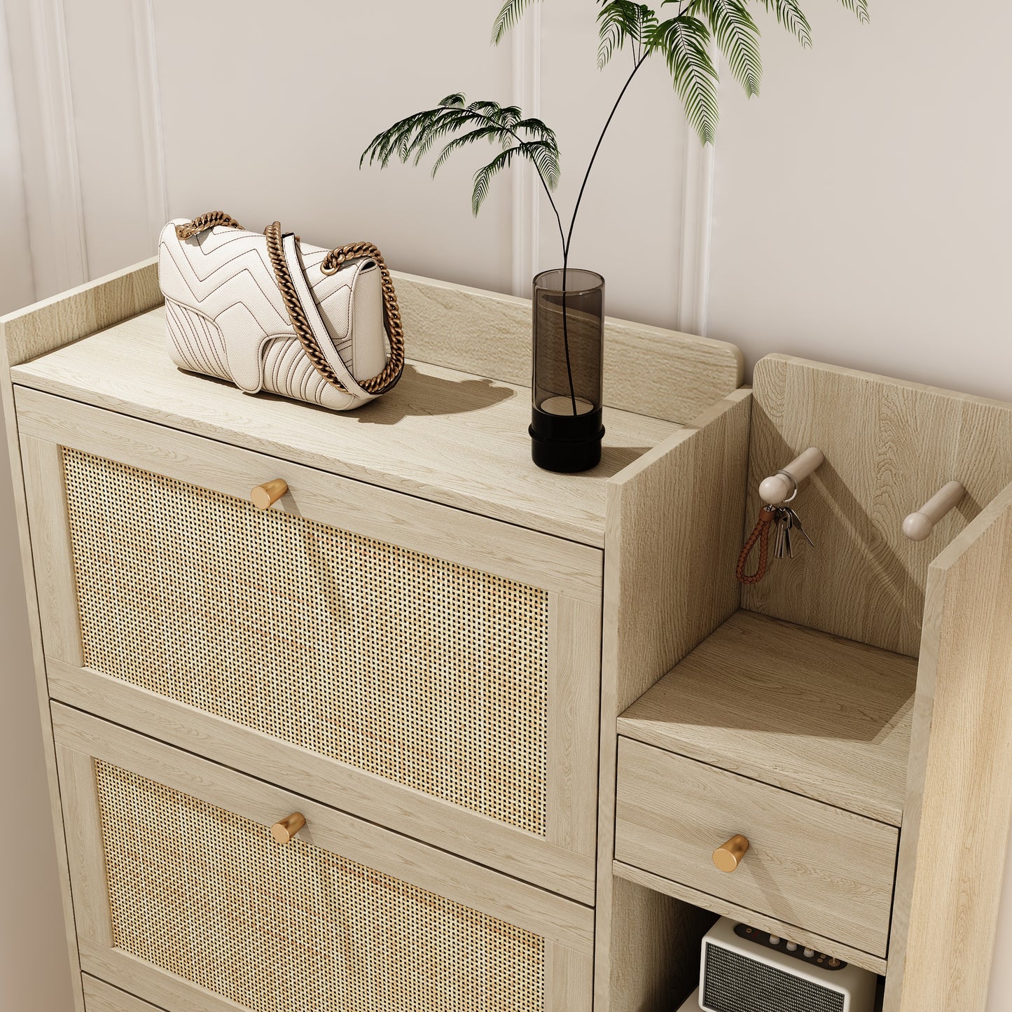 Natural Bohemian Rattan Shoe Cabinet – 3 Flip Drawers, Shelves & Storage Drawer