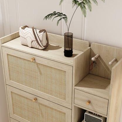 Natural Bohemian Rattan Shoe Cabinet – 3 Flip Drawers, Shelves & Storage Drawer