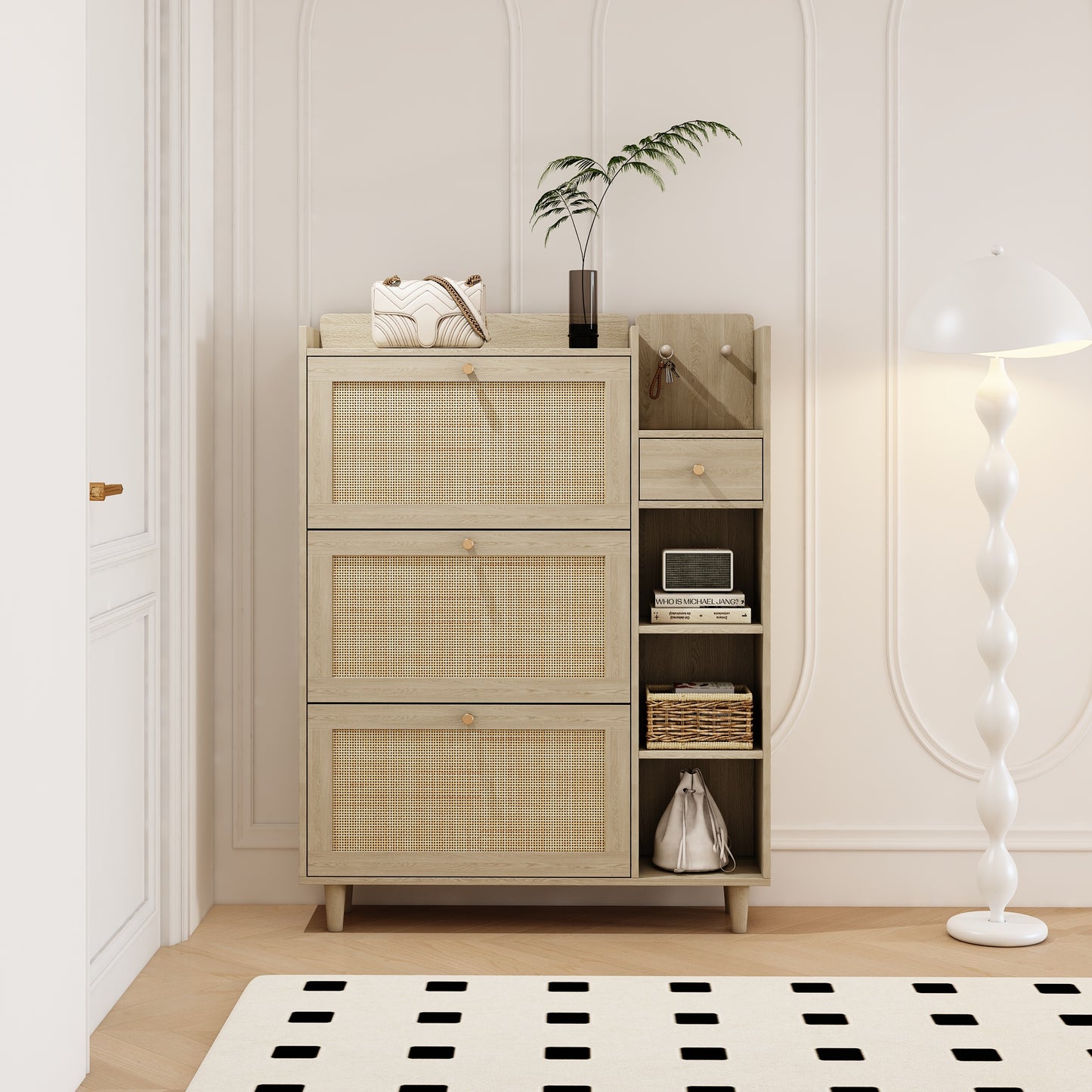 Natural Bohemian Rattan Shoe Cabinet – 3 Flip Drawers, Shelves & Storage Drawer
