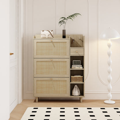 Natural Bohemian Rattan Shoe Cabinet – 3 Flip Drawers, Shelves & Storage Drawer