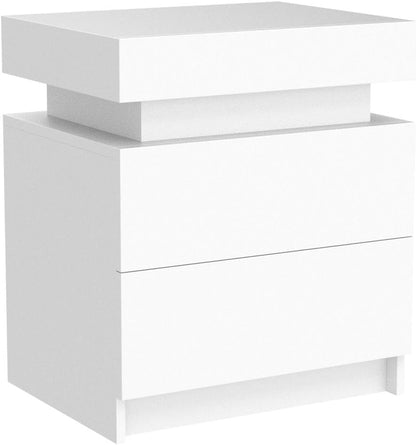 Modern White Nightstand with LED Lights & 2 Storage Drawers