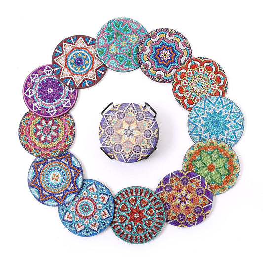 DIY Diamond Painted Coaster Mat Set – 12 Datura Pattern Coasters with Storage Shelf