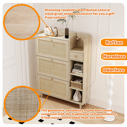 Natural Bohemian Rattan Shoe Cabinet – 3 Flip Drawers, Shelves & Storage Drawer