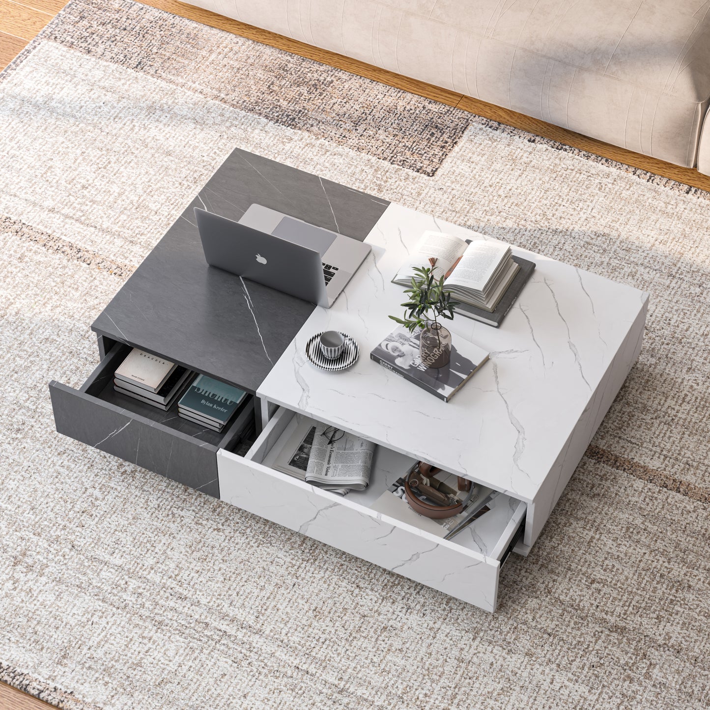 Modern Black & White Coffee Table – Rectangular with 2 Storage Spaces