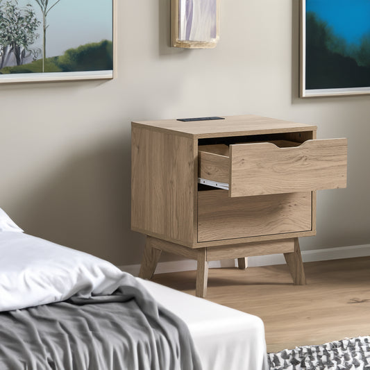 Nordica Oak Nightstand with USB & Type-C Charging – 2-Drawer Bedside Table