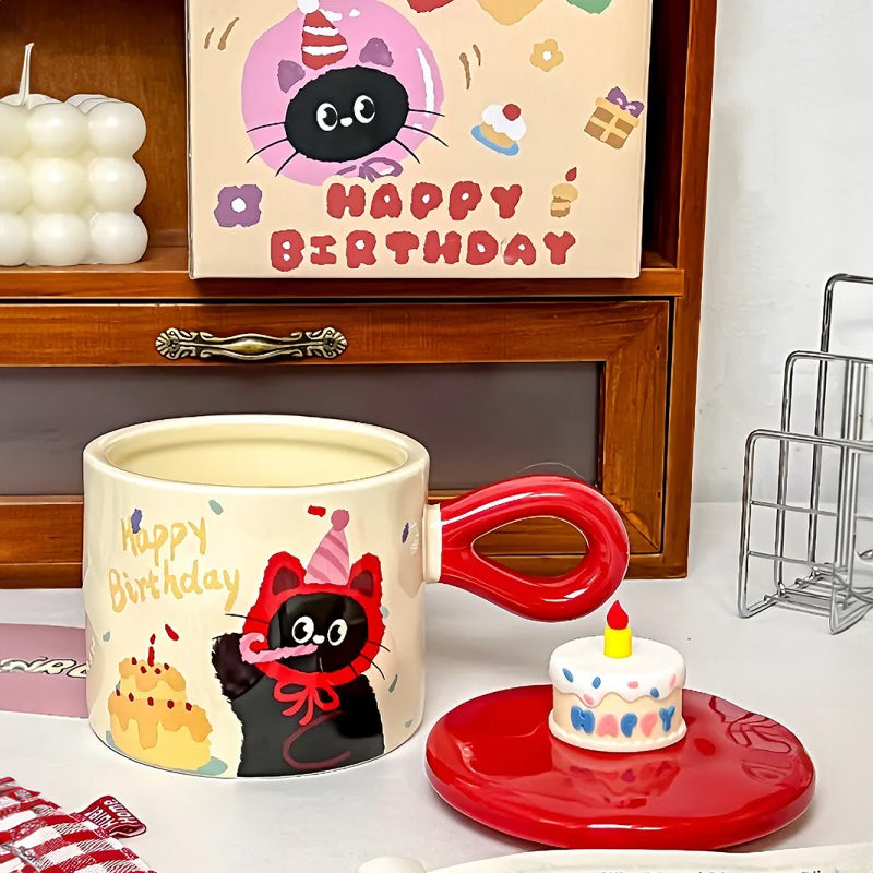 Adorable Cartoon Cat Mug with Lid – Cute Ceramic Coffee Cup for Gifts & Office Use