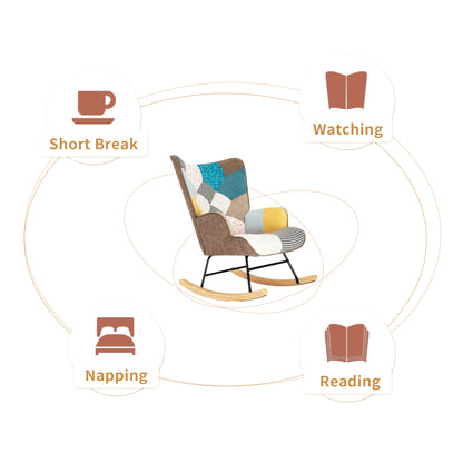 Mid-Century Rocking Chair with Ottoman – Patchwork Fabric Rocker with Wood Legs