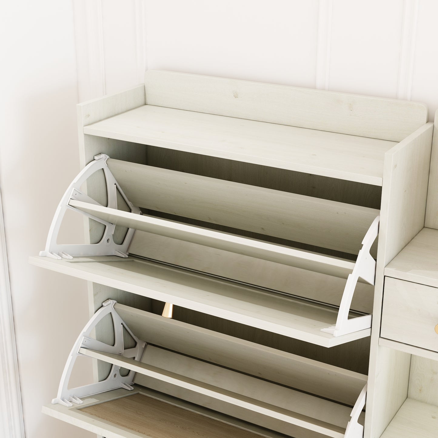 Natural Boho Rattan Shoe Cabinet – 3 Flip Drawers, Open Shelves & Storage Drawer