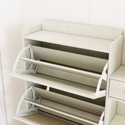 Natural Boho Rattan Shoe Cabinet – 3 Flip Drawers, Open Shelves & Storage Drawer