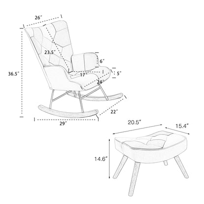 Mid-Century Rocking Chair with Ottoman – Patchwork Fabric Rocker with Wood Legs
