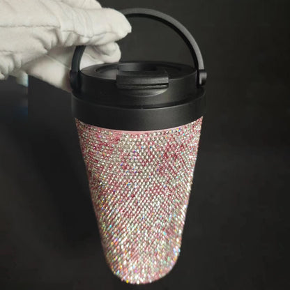Diamond Inlaid Vacuum Stainless Steel Coffee Cup – 500ml Insulated Car Mug