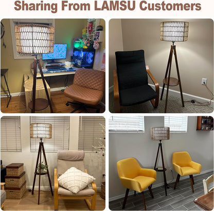 Boho Tripod Floor Lamp with Shelves