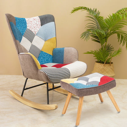 Mid-Century Rocking Chair with Ottoman – Patchwork Fabric Rocker with Wood Legs
