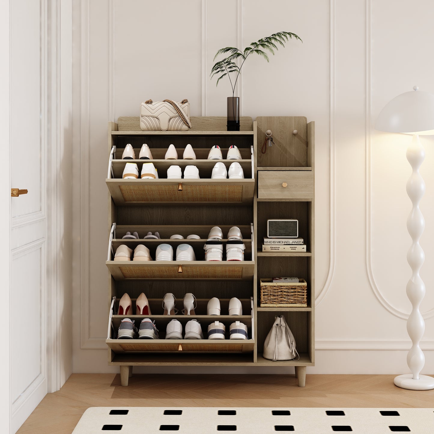 Natural Bohemian Rattan Shoe Cabinet – 3 Flip Drawers, Shelves & Storage Drawer