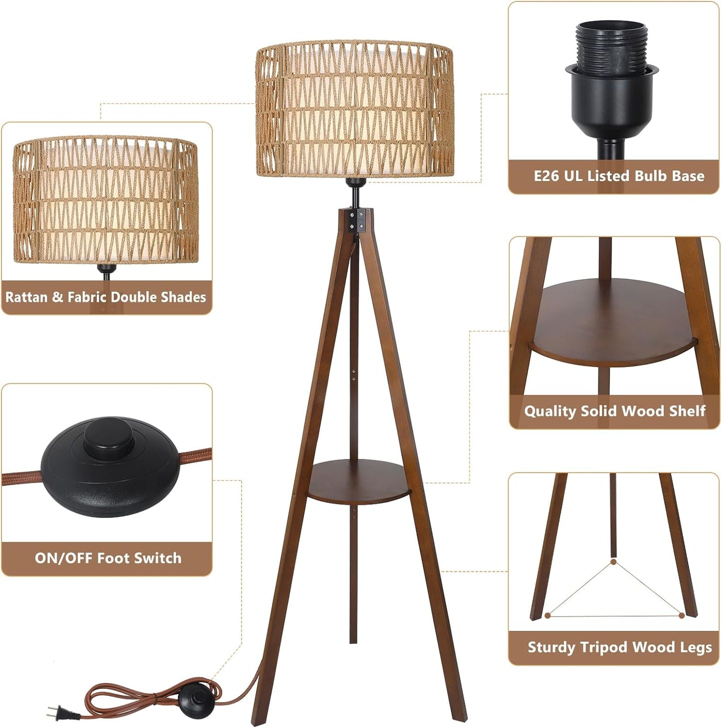 Boho Tripod Floor Lamp with Shelves