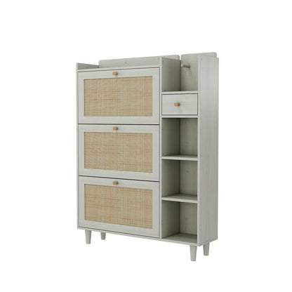 Natural Boho Rattan Shoe Cabinet – 3 Flip Drawers, Open Shelves & Storage Drawer