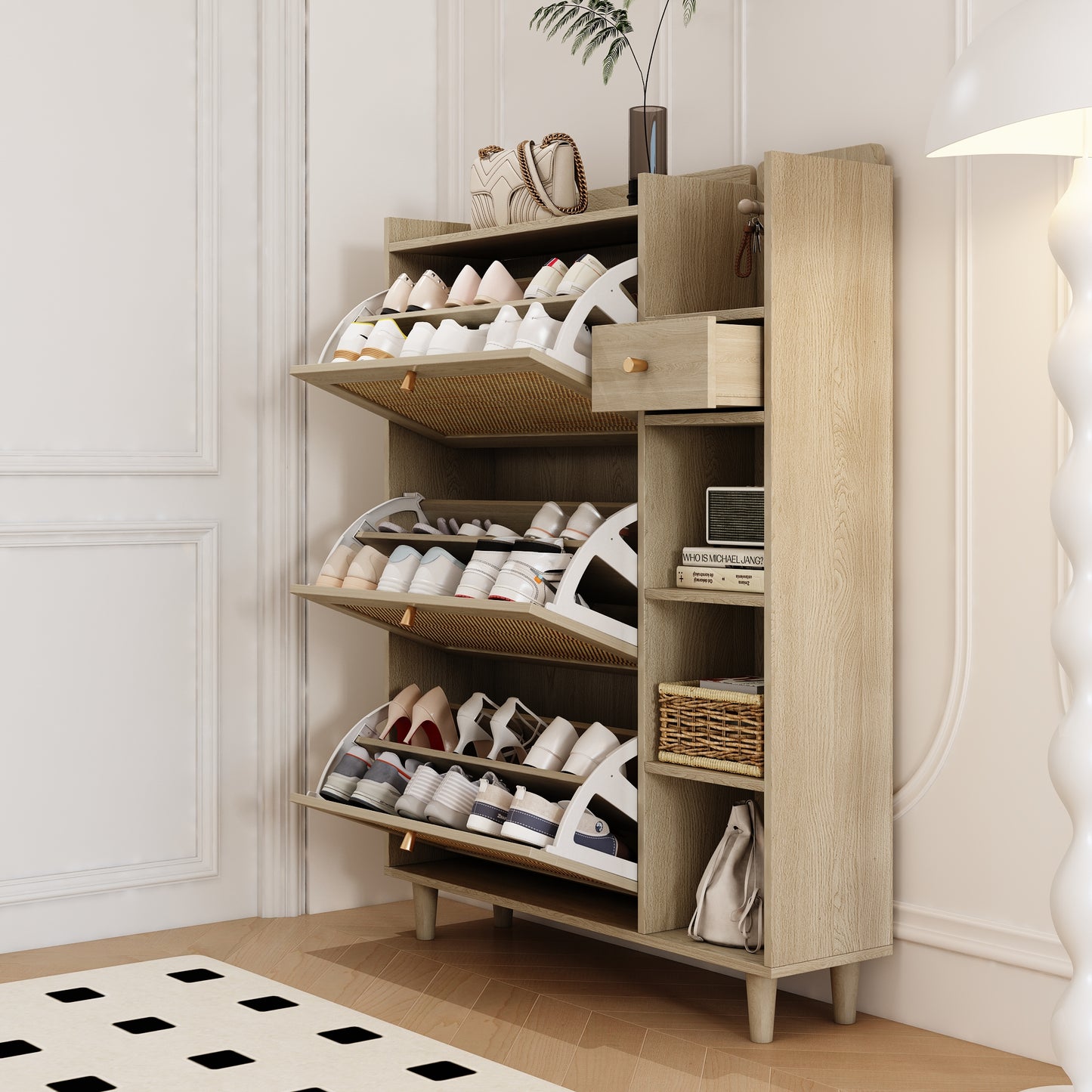 Natural Bohemian Rattan Shoe Cabinet – 3 Flip Drawers, Shelves & Storage Drawer
