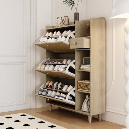 Natural Bohemian Rattan Shoe Cabinet – 3 Flip Drawers, Shelves & Storage Drawer