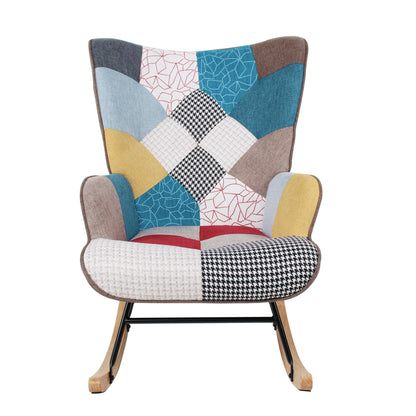 Mid-Century Rocking Chair with Ottoman – Patchwork Fabric Rocker with Wood Legs
