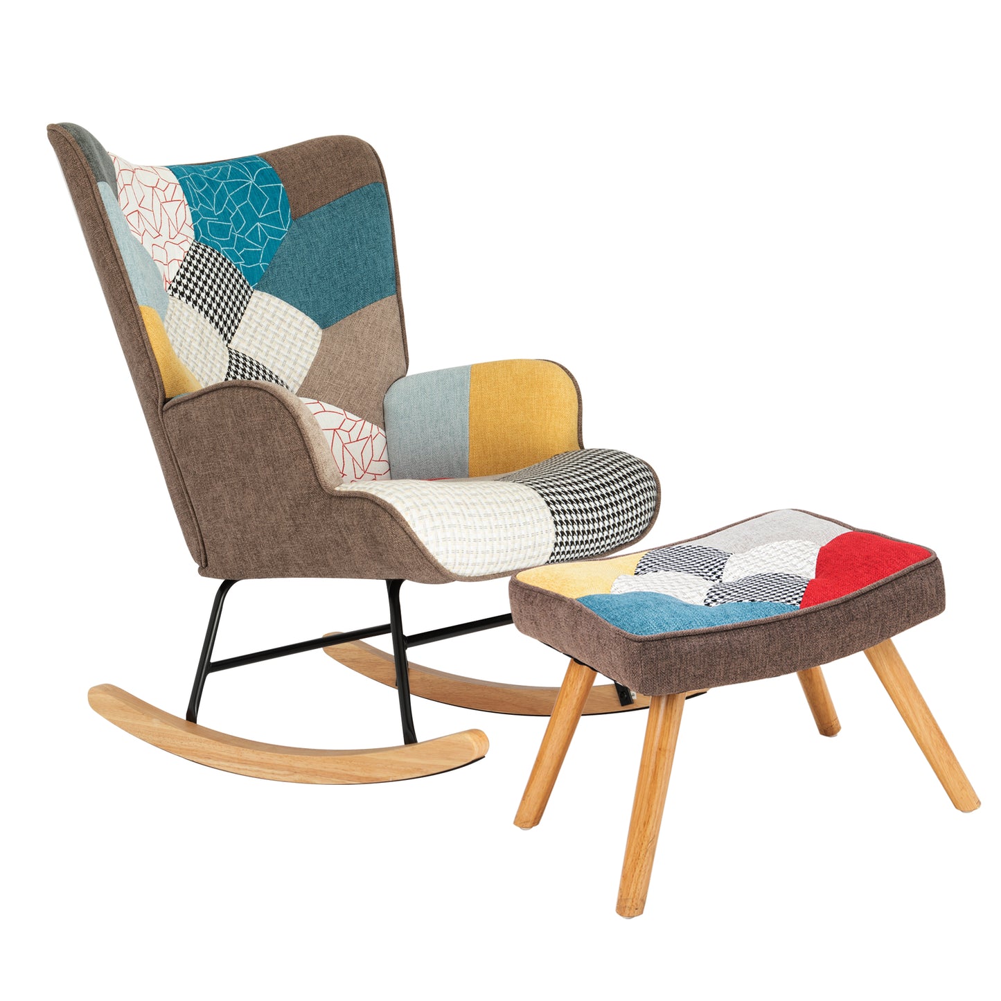 Mid-Century Rocking Chair with Ottoman – Patchwork Fabric Rocker with Wood Legs