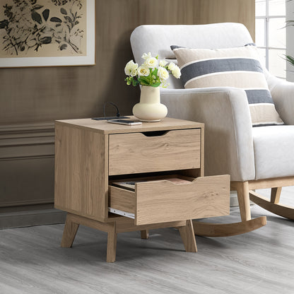Nordica Oak Nightstand with USB & Type-C Charging – 2-Drawer Bedside Table