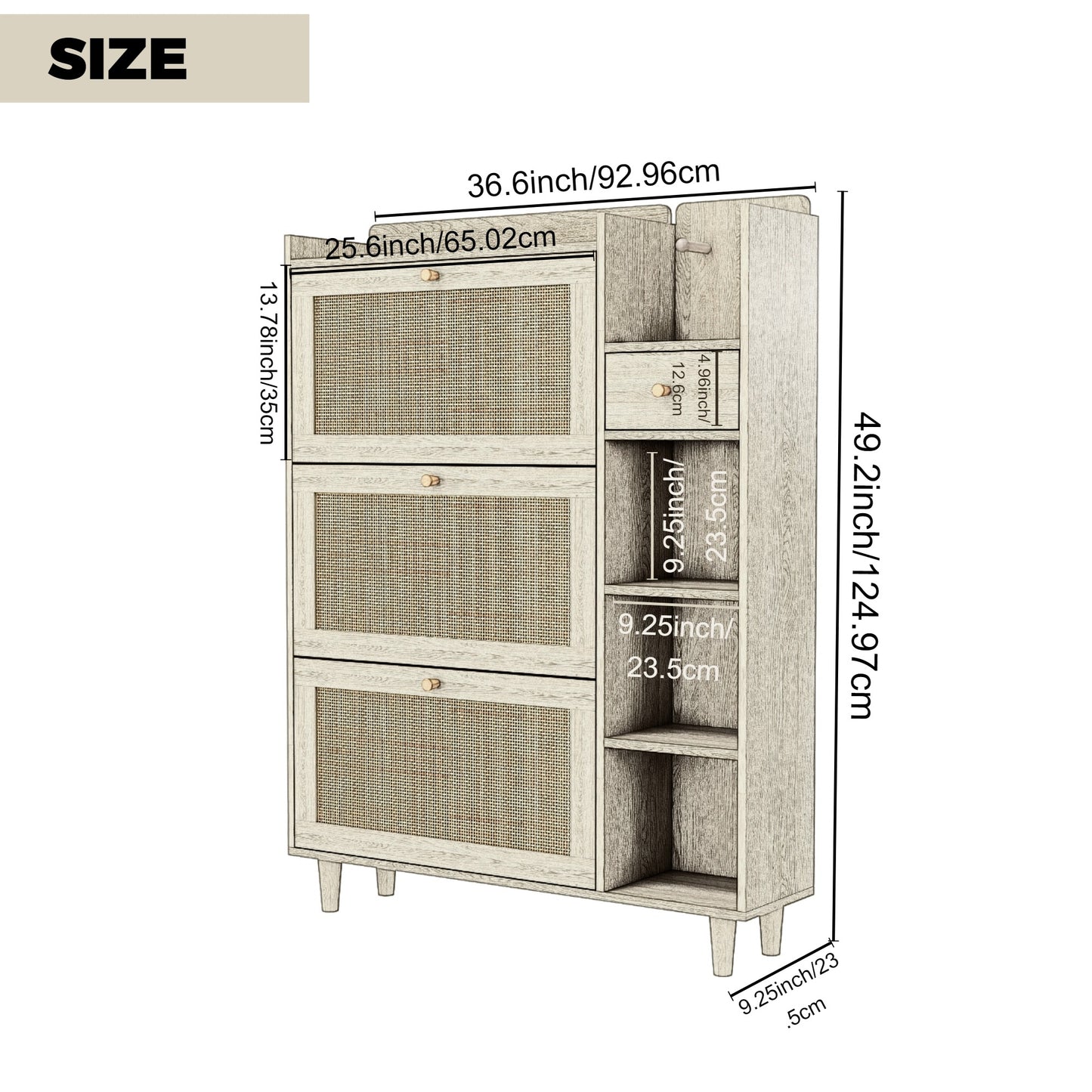 Natural Bohemian Rattan Shoe Cabinet – 3 Flip Drawers, Shelves & Storage Drawer