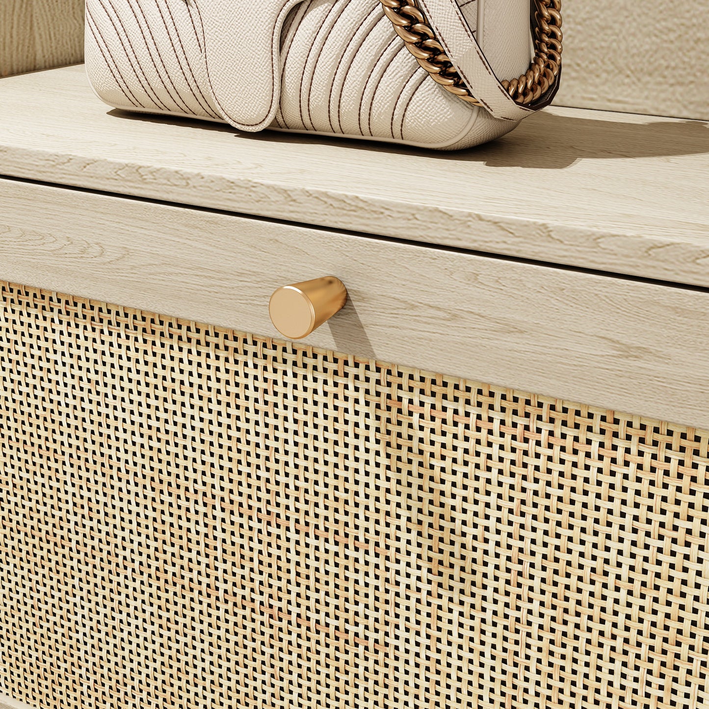 Natural Bohemian Rattan Shoe Cabinet – 3 Flip Drawers, Shelves & Storage Drawer
