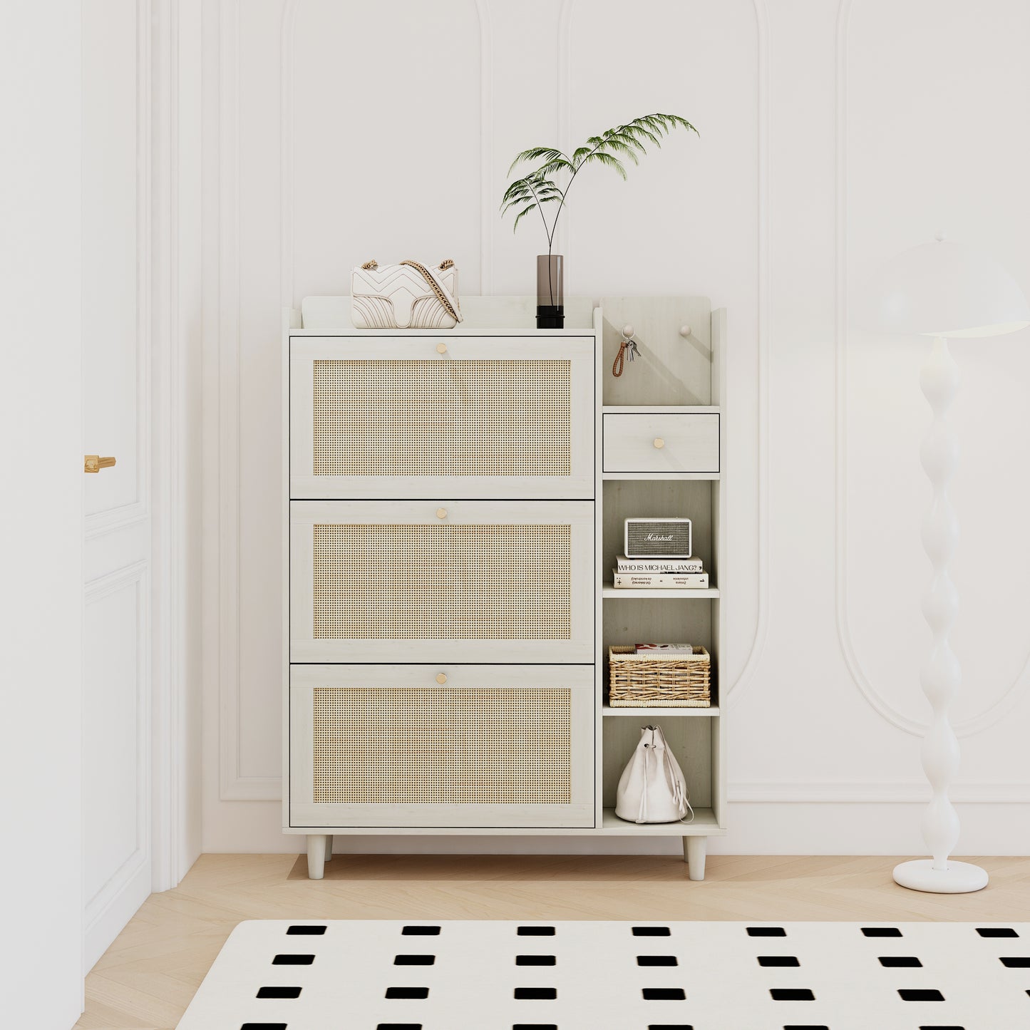 Natural Boho Rattan Shoe Cabinet – 3 Flip Drawers, Open Shelves & Storage Drawer