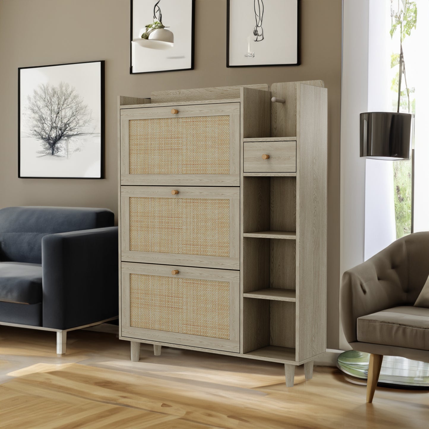 Natural Bohemian Rattan Shoe Cabinet – 3 Flip Drawers, Shelves & Storage Drawer