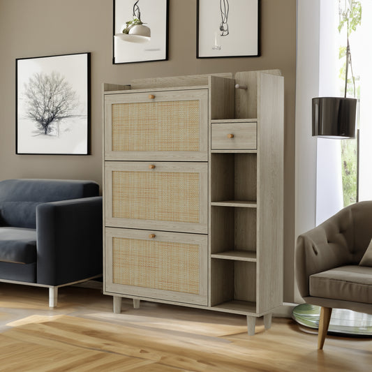 Natural Bohemian Rattan Shoe Cabinet – 3 Flip Drawers, Shelves & Storage Drawer